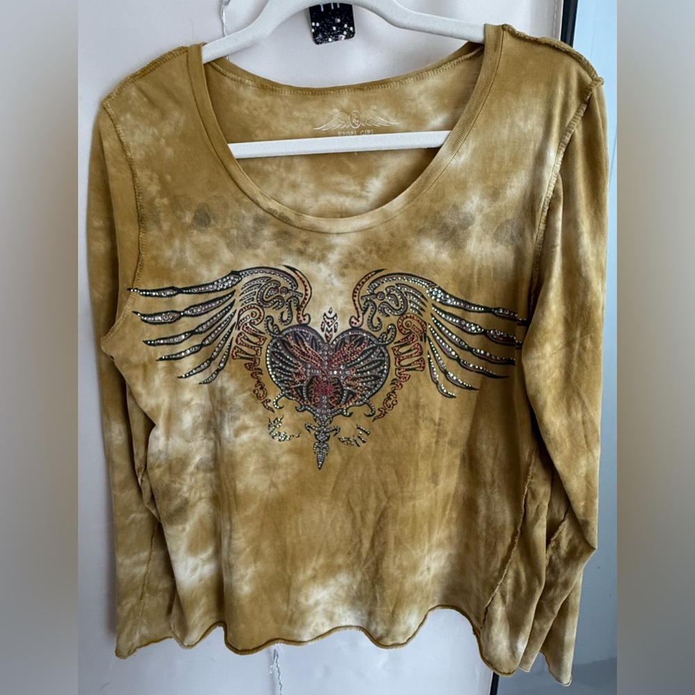 Women's Rebel Girl Gold/Brown Tie Dye Long Sleeve Top With Heart & Wings, Large - Picture 1 of 5